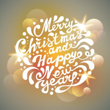 Neşeli Noel ve mutlu yeni yıl tipografi, el yazısı. Işıklı