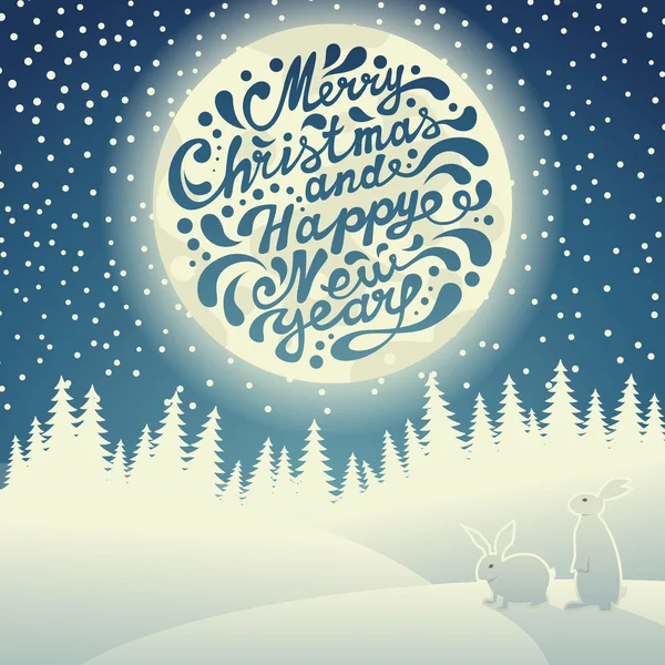Weihnachten Hintergrund mit Schneeflocken, Mond, Hasen und Typographen — Stockvektor