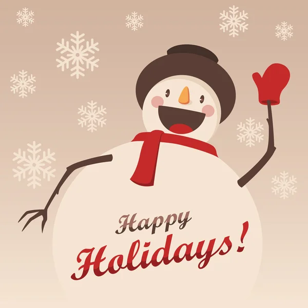 Fröhlicher Schneemann grüßt Sie. Weihnachten Hintergrund mit Schneeflocken. — Stockvektor