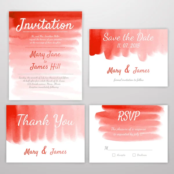 Ensemble d'invitation de mariage avec fond d'aquarelle — Image vectorielle