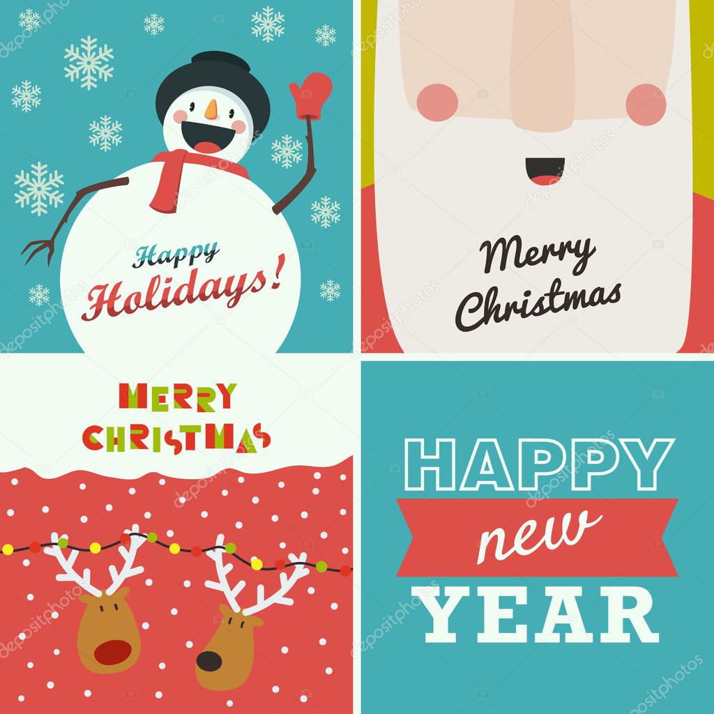 Set of four Christmas and New Year greeting cards. Santa Claus,