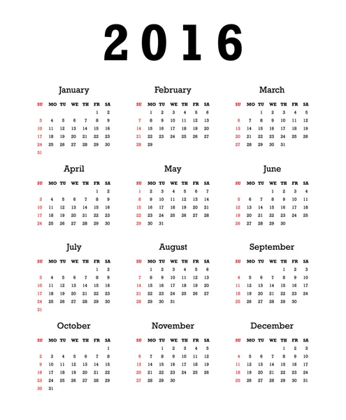 Calendar for 2016 — Stock Vector