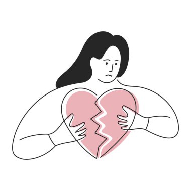 Kalbi kırık bir kadın. Keder ve kayıp kavramı çizimi.