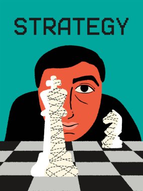 Satranç oyuncusu, satranç tahtası ve papaz ve şövalye taşlarıyla satranç posteri. Strateji satranç vektörü illüstrasyonu.