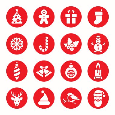 Noel ikonları. Noel ağacı, kar tanesi, zencefilli kurabiye, geyik, Noel Baba, şeker kamışı ve daha fazla bayram tabelası..