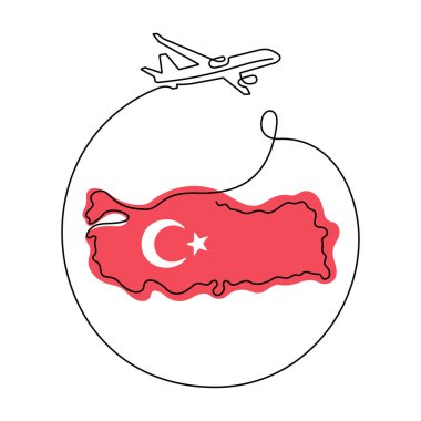 Türkiye 'yi bir çizgi vektör illüstrasyonuyla dolaşın. Türkiye haritası ve uçak çizimi
