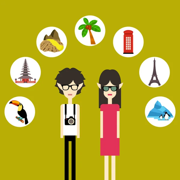 Pareja de personajes viajeros — Vector de stock