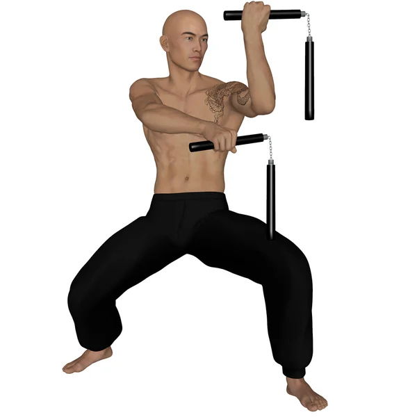 Kung-Fu-Mönch mit Nunchaku — Stockfoto