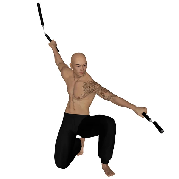 Kung Fu munk med nunchaku — Stockfoto