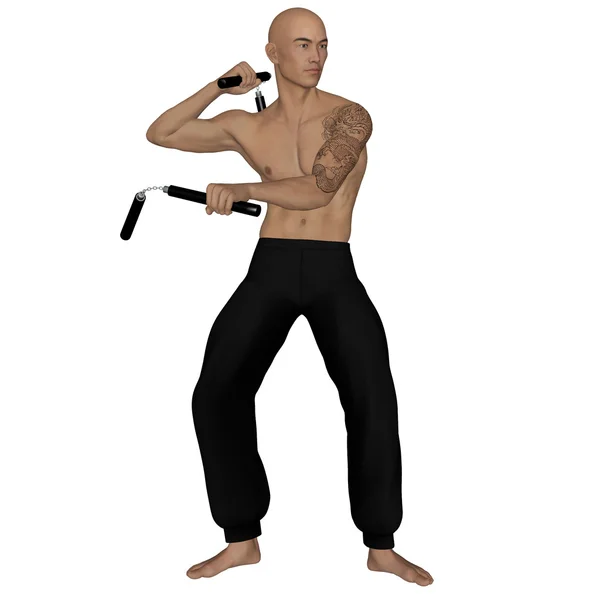 Kung Fu munk med nunchaku — Stockfoto