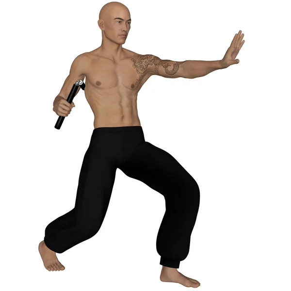 Kung Fu mnich z nunchaku — Zdjęcie stockowe