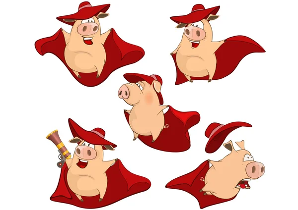 Uppsättning av söt gris i en superhjälte kostym — Stock vektor