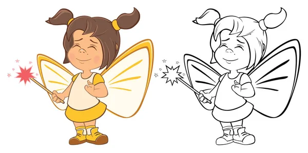 かわいい漫画のキャラクターのベクトルイラストあなたのデザインとコンピュータゲームのための小さな魔女 ぬりえ本概要セット — ストックベクタ