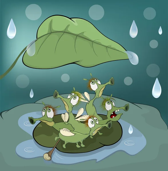 Gusanos de dibujos animados bajo la lluvia — Vector de stock