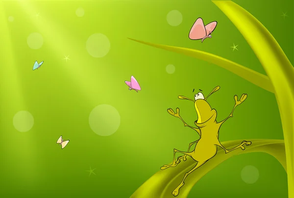 A green bug and butterflies cartoon — Stock Vector