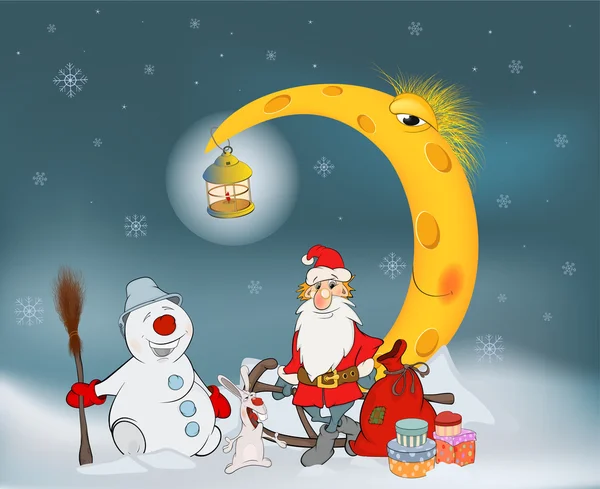 Santa Claus sus amigos y regalos de Navidad . — Vector de stock