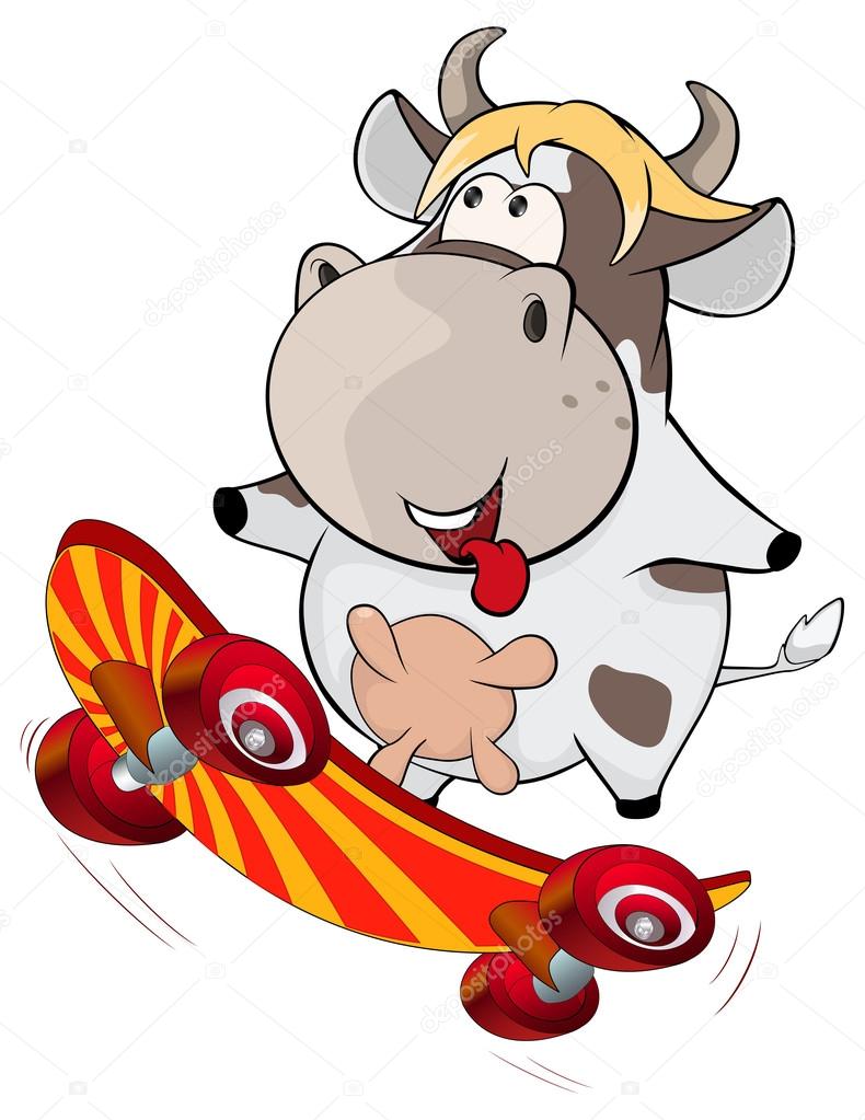 Small cow on a skateboard.