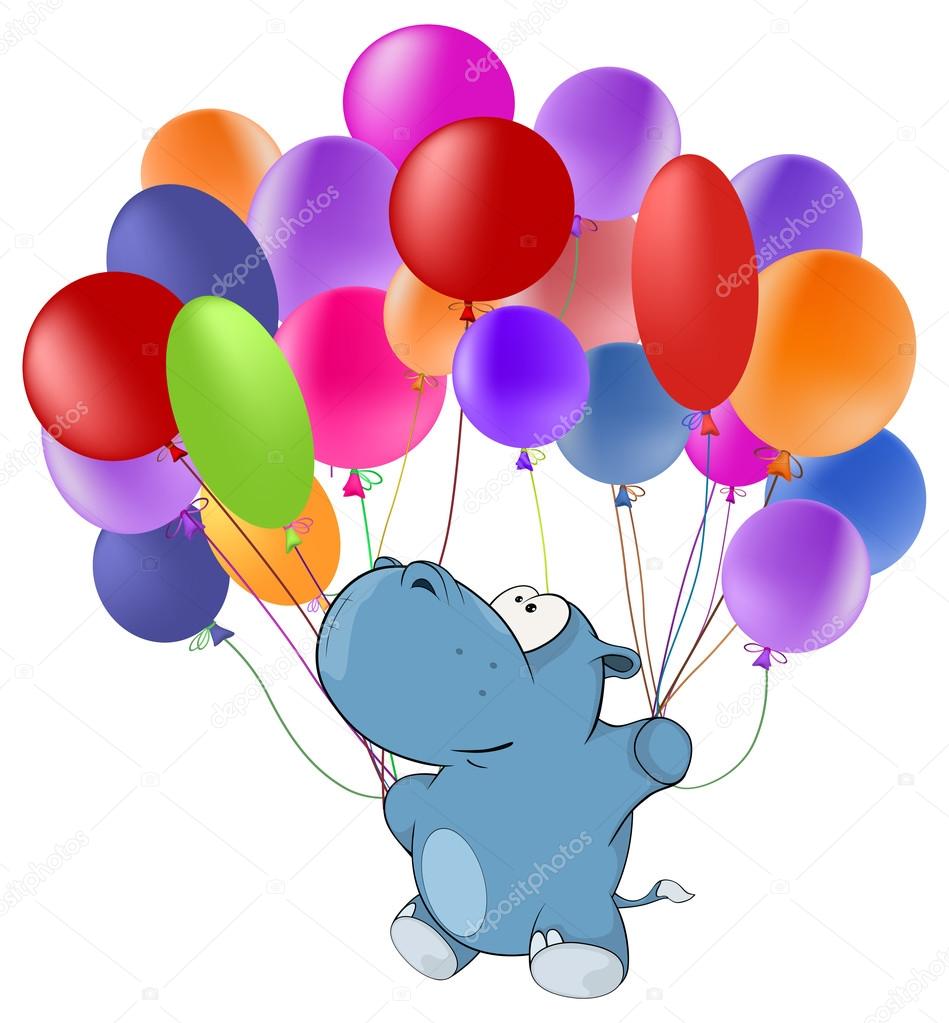 Hippopotamus and multicolored balloons