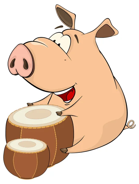 Un músico cerdo con dibujos animados de percusión — Vector de stock