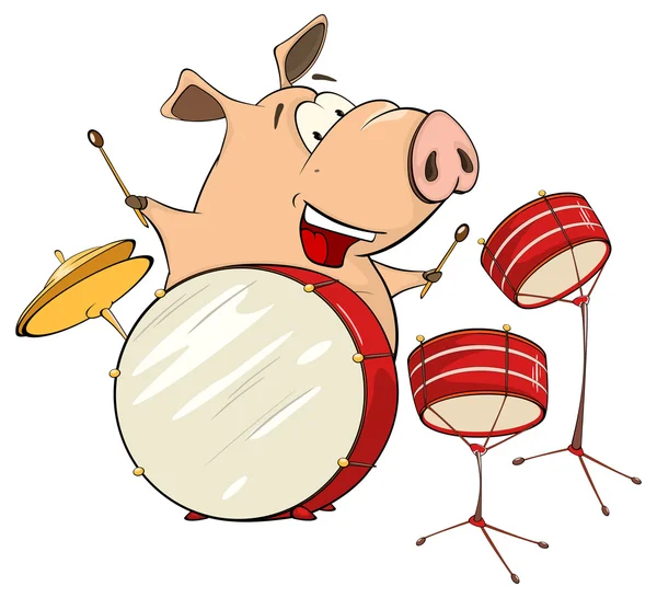 Um porco-músico com bateria desenhos animados — Vetor de Stock