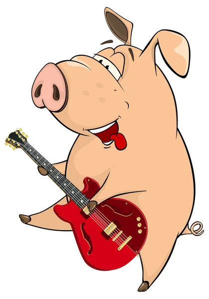 Un músico cerdo con caricatura de guitarra — Vector de stock