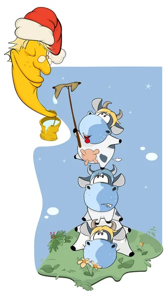 Cartoon cows cleaning the moon — Stock Vector