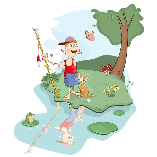 渔夫和卡通猫 — 图库矢量图片
