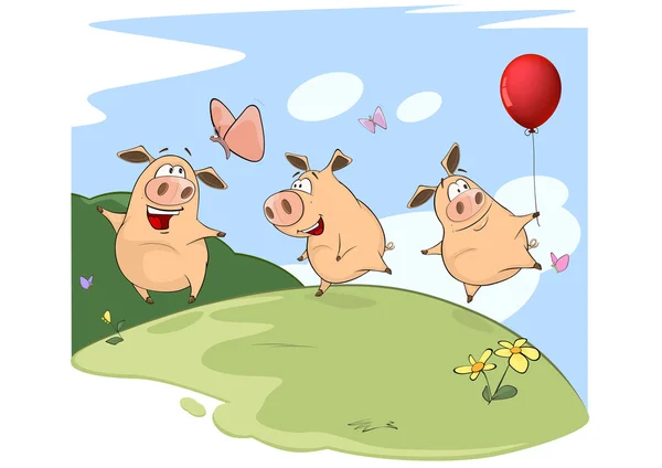 Drei kleine Schweine auf einer Wiese — Stockvektor