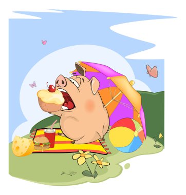 cute cartoon  pig eating cake clipart