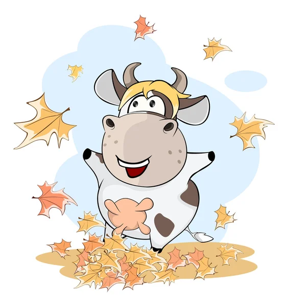 Vaca divertirse en otoño hojas — Vector de stock