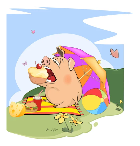 Cute cartoon  pig eating cake — Stock Vector