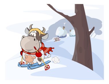 karikatür inek kayaklar üzerinde yürüme