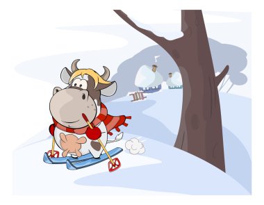cartoon cow walking on skis clipart