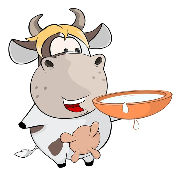 Cartoon funny cow with bowl of milk — Stock Vector