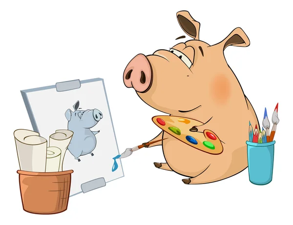 Desenho animado porco artista pinta quadro —  Vetores de Stock