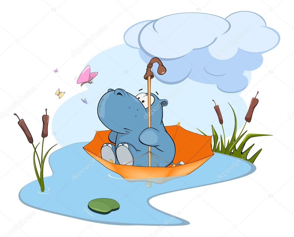 cartoon little hippo sailing on umbrella