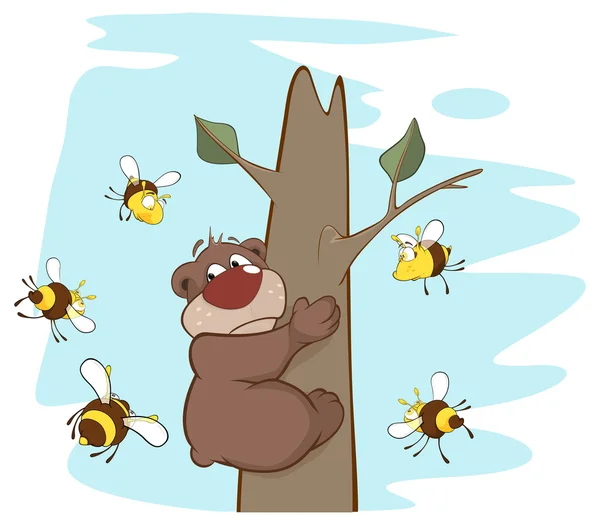 Bear on the tree and bees — Stock Vector