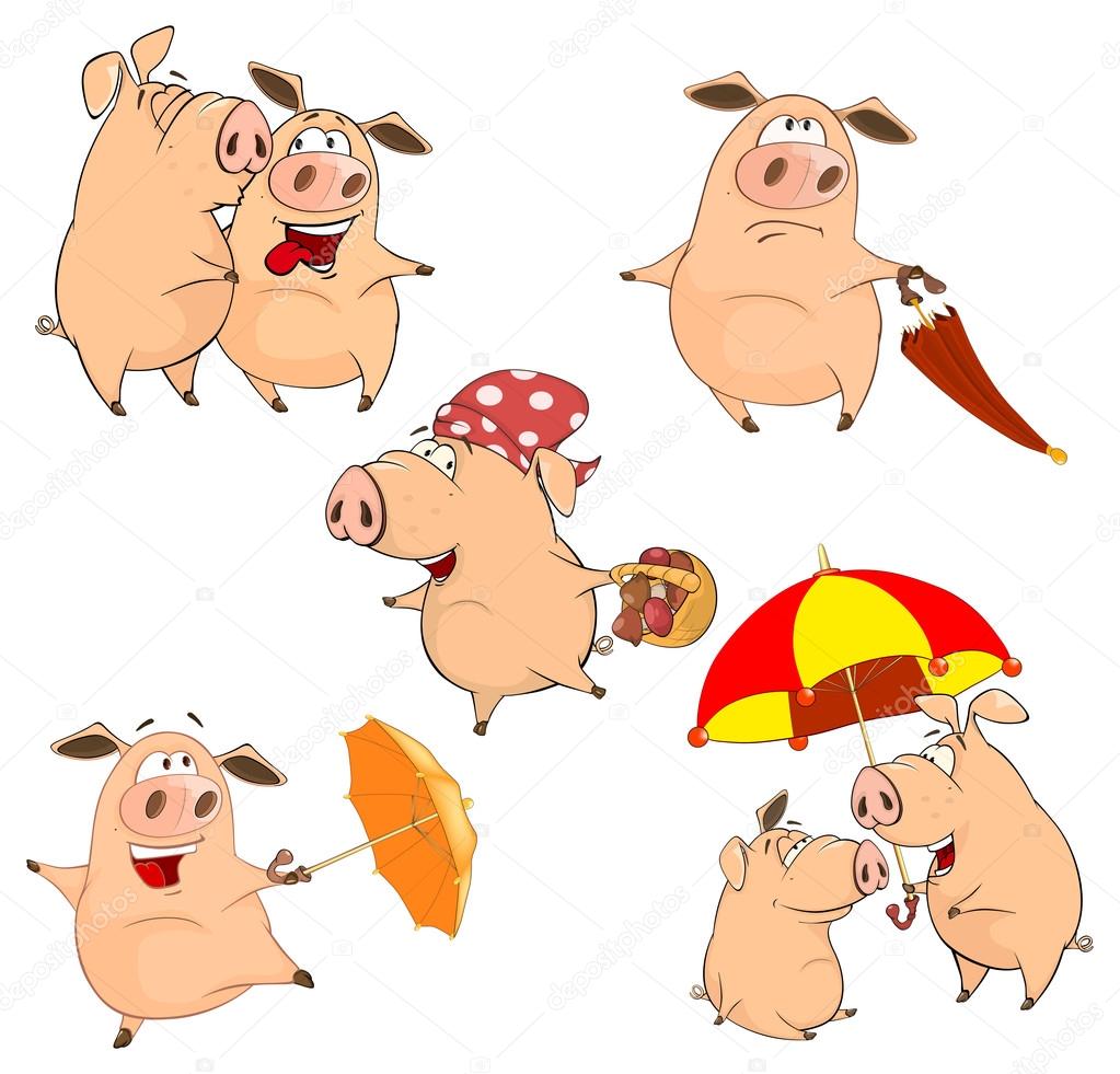 Set of cheerful pigs