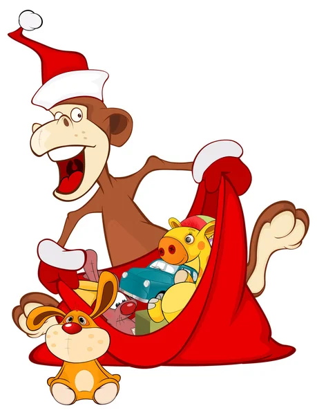 猴子用礼物的圣诞老人和麻袋 — 图库矢量图片