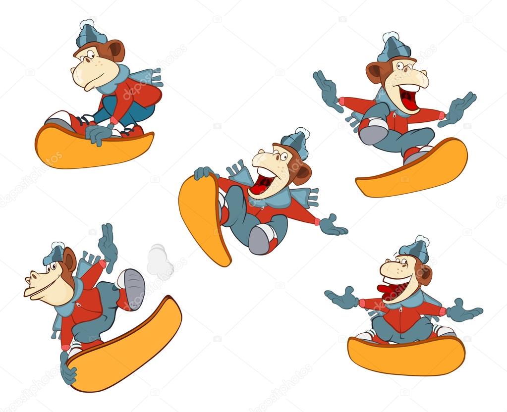 Set of a Cute Monkeys Snowboarding