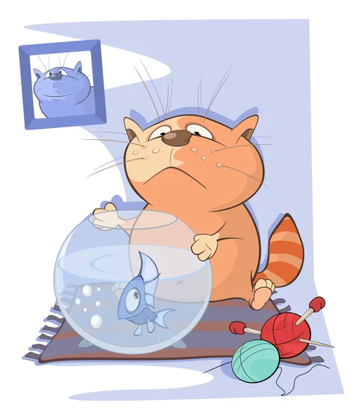 Lindo gato y peces acuario — Vector de stock