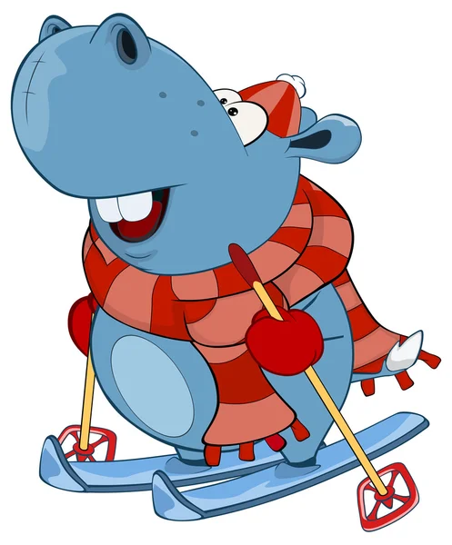 Schattig Hippo op ski 's — Stockvector