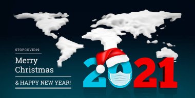 Karlı bir buz dünyası haritasında 2021 yılınız kutlu olsun. Noel Baba şapkası ve orta yüz maskesi altında 2021 numara. Coronavirus, covid-19 'a karşı. Vektör illüstrasyonu
