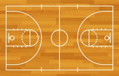 İşaretli ve ahşap desenli basketbol sahası. Vektör