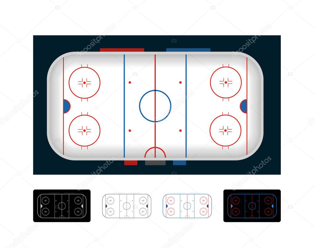 Ice hockey arena, ice hockey field. Set of vector illustrations on black and whie background