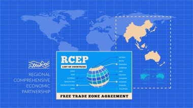 RCEP. Bölgesel Kapsamlı Ekonomik Ortaklık. Bir dünya haritası olan vektör bilgi grafikleri ve mavi sırtüstü ticaret anlaşmasının tarafları olan ülkeler