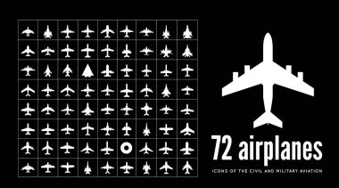 Siyah arka planda 72 sivil ve askeri uçak ikonu var. Vektör illüstrasyonu