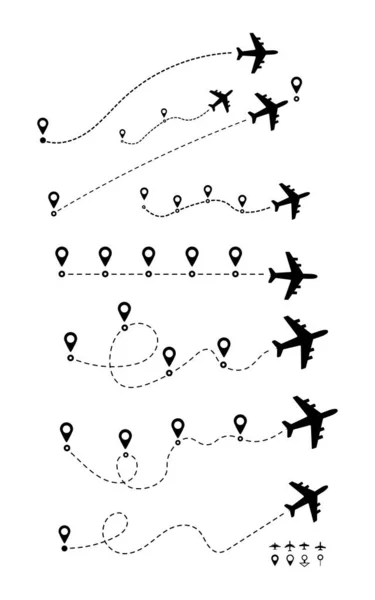 Airplane Line Path Travel Line Icon Set Vector Illustration White — Stock Vector