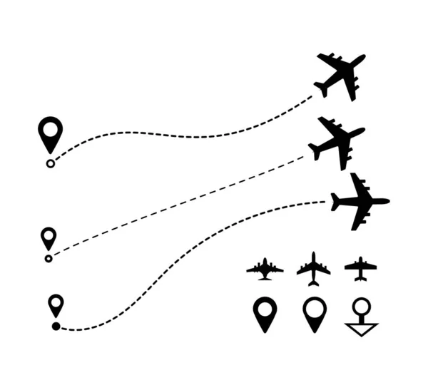 Airplane Line Path Travel Line Icon Set Vector Illustration White — Stock Vector