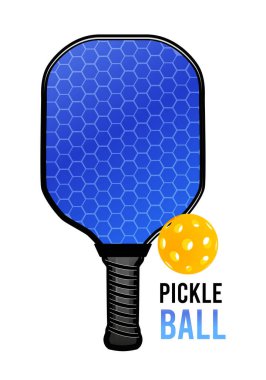 Top ve raketle oynamak için bir Pickleball. Beyaz arkaplanda vektör illüstrasyonu